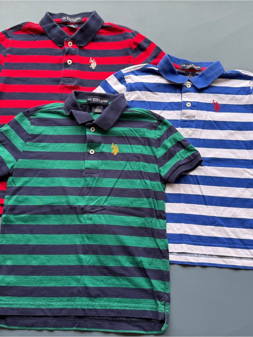 U.S. Polo Assn. Boys Striped Polo Trio - Green/Navy, Red/Navy, Blue/White